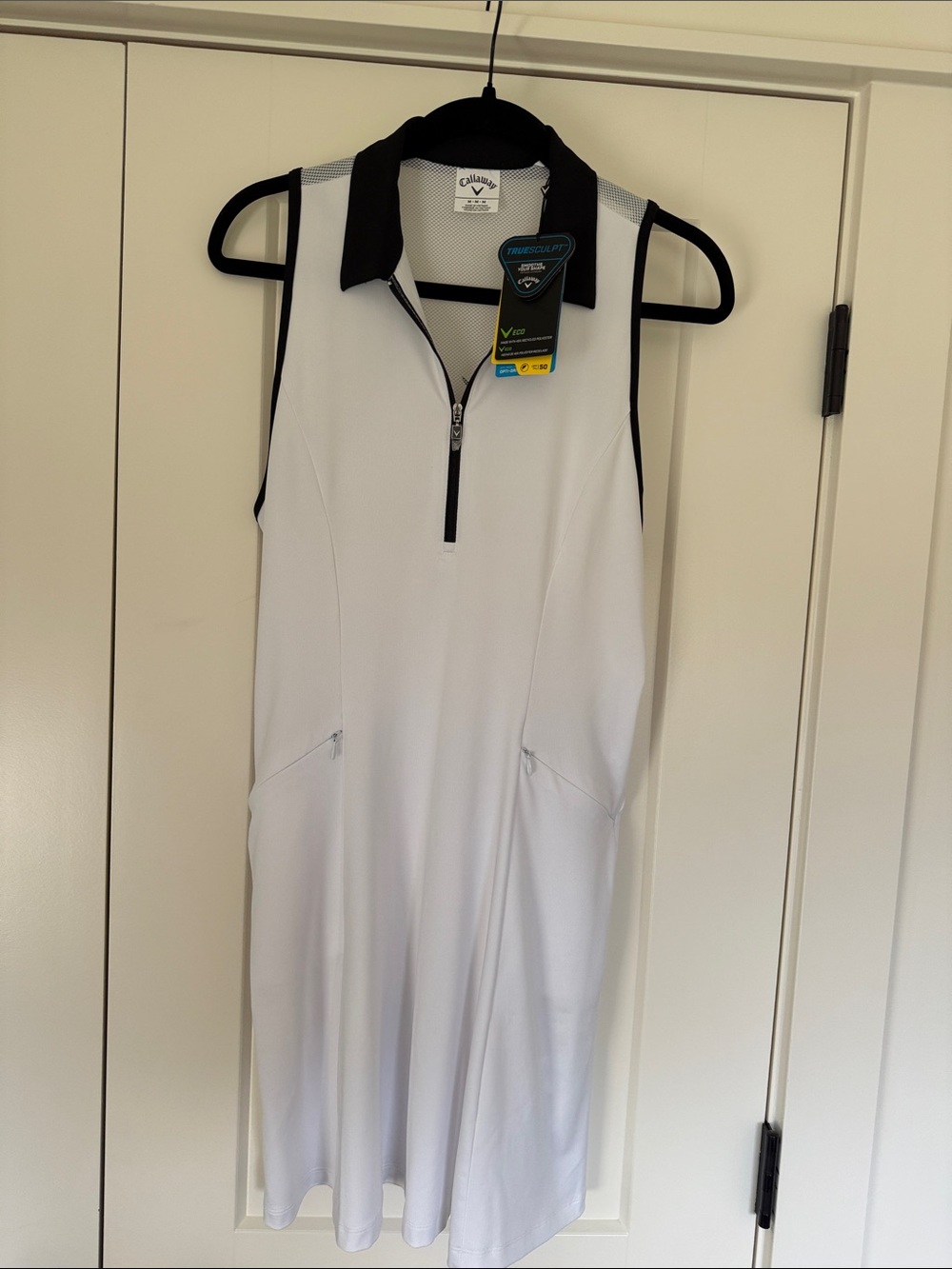 Callaway White Sleeveless Mini Dress with Black Collar and Zip